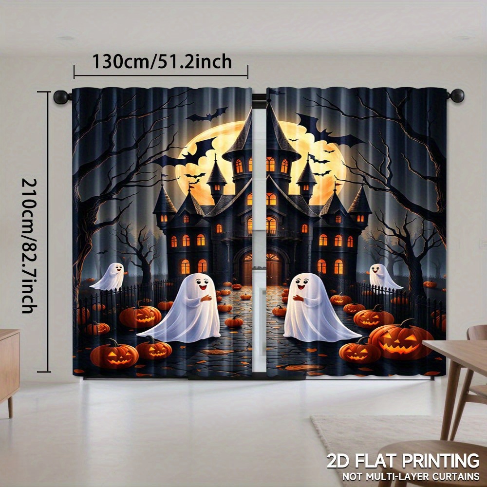 TEMU Set Of 2 Halloween-themed Curtains Featuring A Design Of Castles And . Light-filtering Polyester Curtains Come With A Rod Pocket For Easy