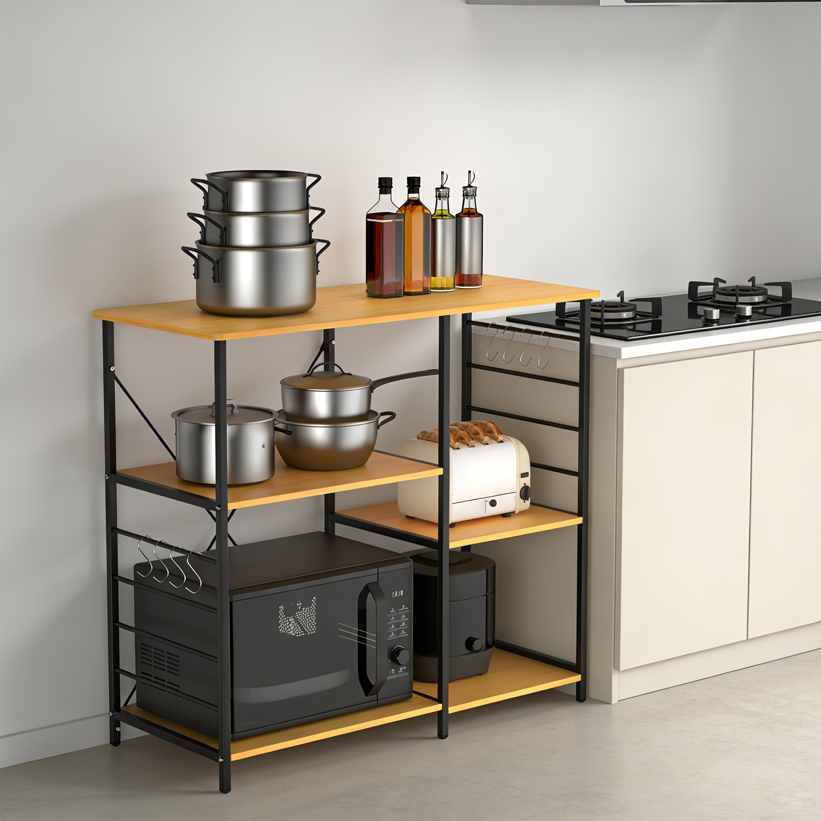 Industrial- Storage Rack - A Freestanding Shelf Measuring 90x39x82 Cm, Featuring A Wooden Top And , Includes 8 Hooks, Suitable For Commercial Or Home Use, In Black, Walnut, Gray, Or Brown