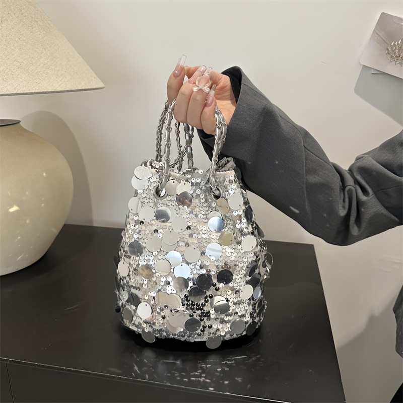 

Women's Sparkling Sequin Bucket Bag, Fashion Chain Shoulder Handbag For Parties, Weddings, Concerts