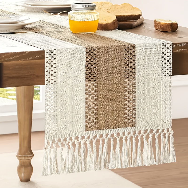 

1pc Bohemian Handmade Crocheted Table Runner, Lace , Spandex Square Woven Tablecloth, Stretchy Cover With Elastane, Ideal For Thanksgiving, Christmas, Easter, Bridal Parties - 12x72 Inches