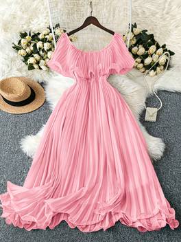 plus size off shoulder chiffon sleeveless elegant vintage pleated dress