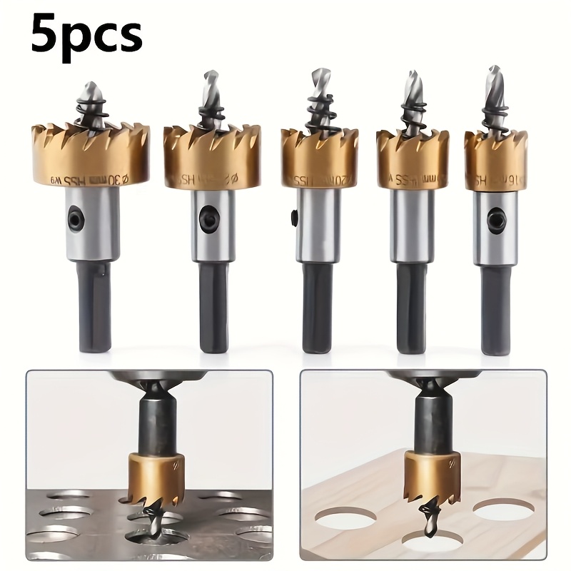Image of 5pcs/set (golden) Bits Drill Bit Hole Hss Saws Set Plating Drill Bits Set High Kits For Metal Stainless Steel (16mm, 18.5mm, 20mm, 25mm, 30mm)(golden)