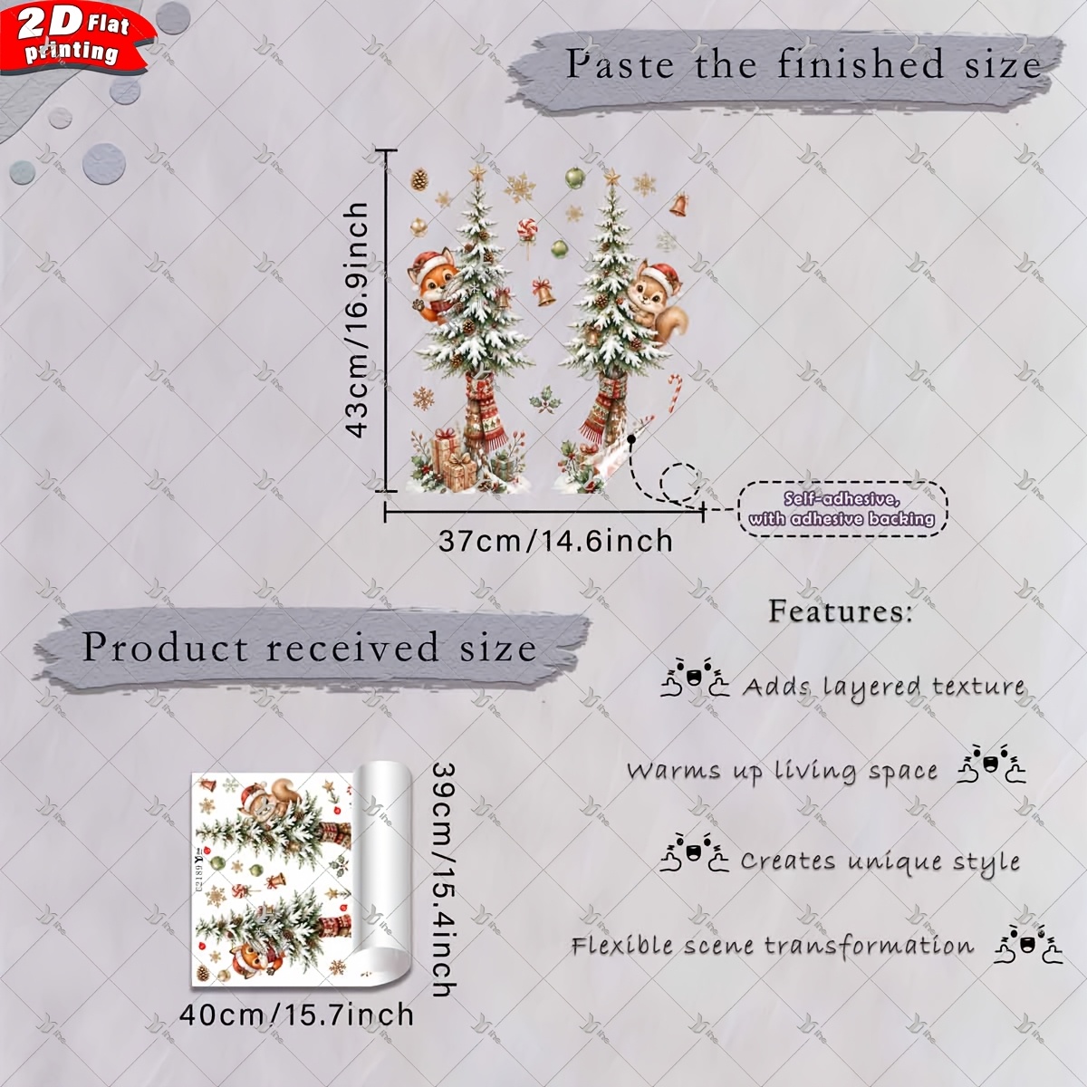 TEMU 2d Flat, 1pc 2d Flat Printed Christmas Fox Squirrel Snowy Christmas Tree Window Sticker, Creative Diy Self-adhesive Removable Double-sided Pvc