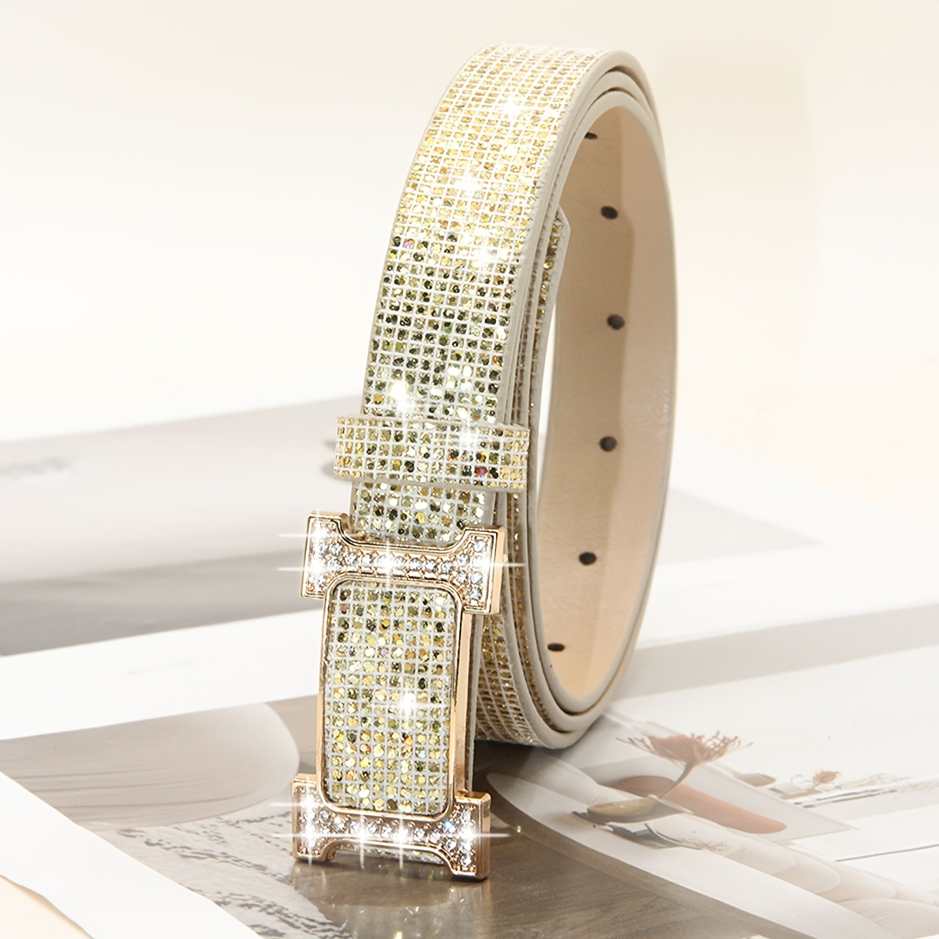 TEMU 1pc Women's Fashion Rhinestone Belt, Pu Belt With Smooth , Unique , Suitable For Casual Wear, Holiday Party Gifts, Women's Psychedelic Casual,