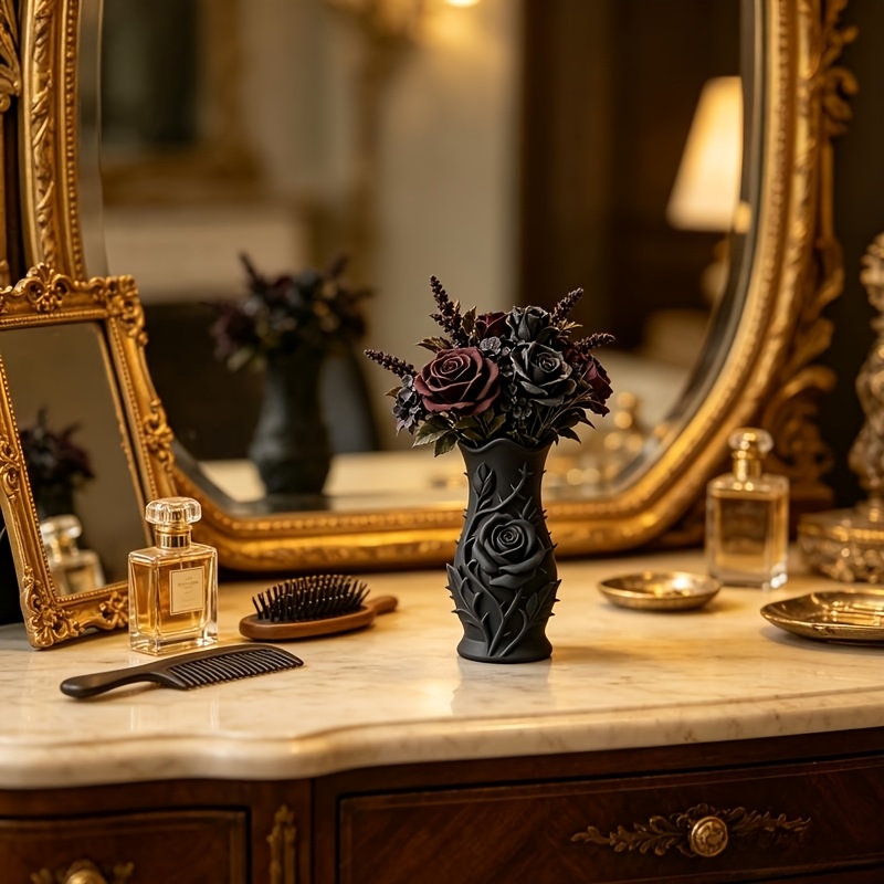 TEMU Gothic Relief Rose Vase, Thorn Pattern Dark Style Decorative Flower Pot, Retro Tabletop Floral Arrangement Ornament, Dark Aesthetic Home Decor