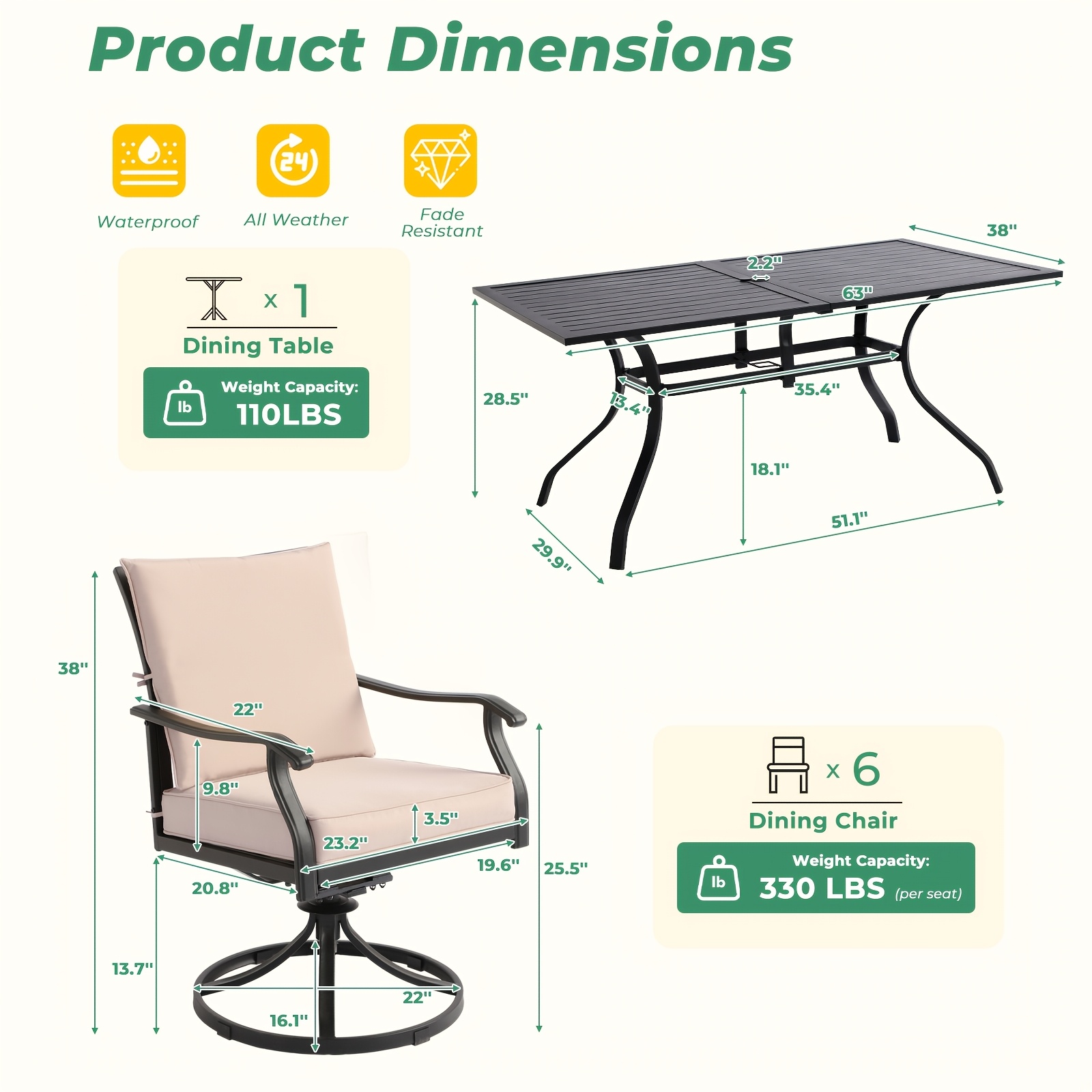 7pcs Outdoor Patio Dining Set with Swivel Chairs And Square Metal Table, Weather- Furniture Set for Garden, Backyard, Balcony, Or Lawn