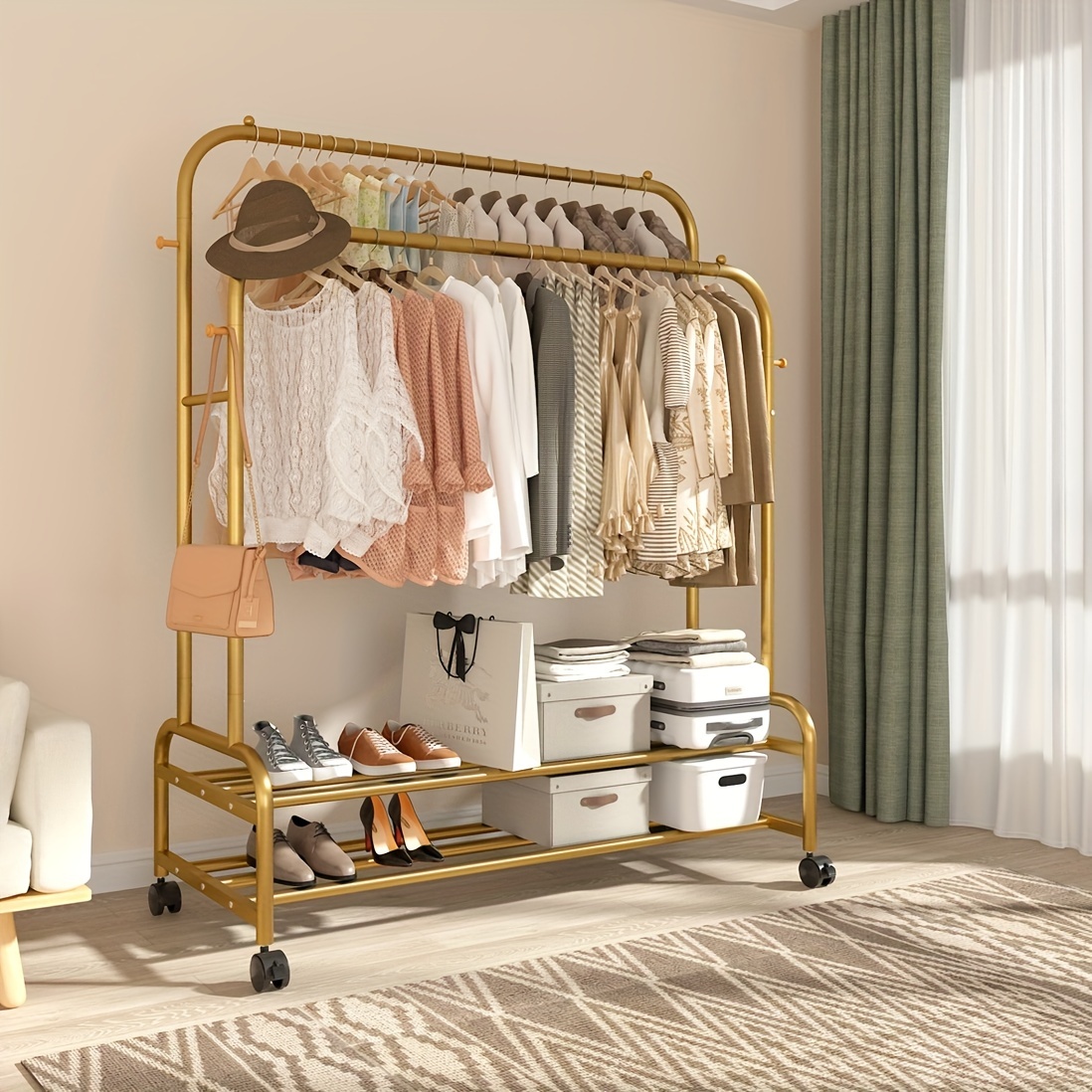 

Metal Double Rodding Clothes , Portable Clothing Shelves & , For Hanging Clothes, - Closet For , Gold