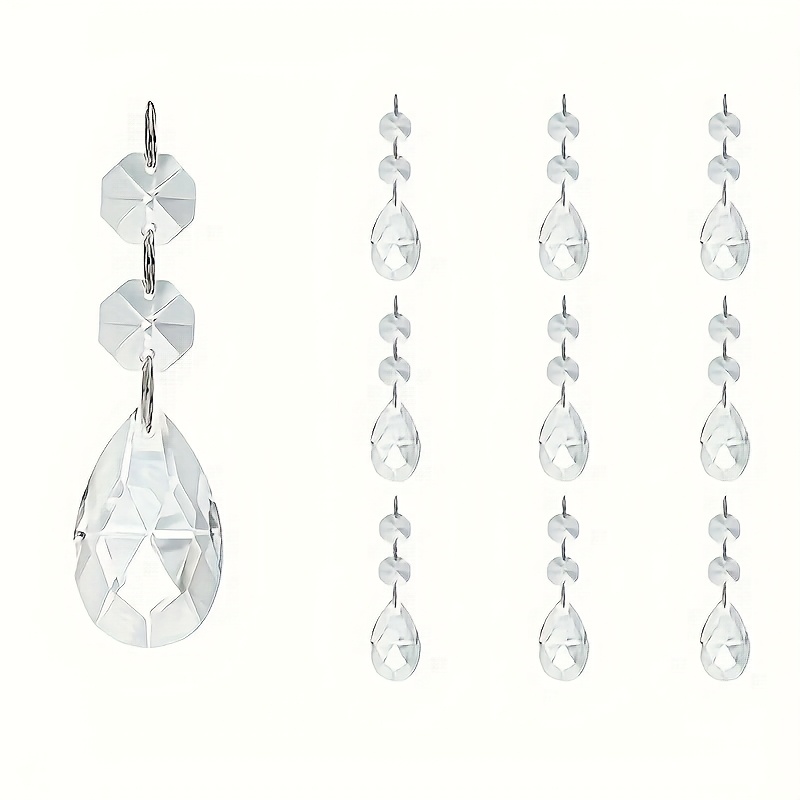 TEMU 10pcs 38mm Teardrop Chandelier Crystals, Transparent Glass Prism Pendant Connectors With Octagonal Beads, Hanging Garland Light Decorations For