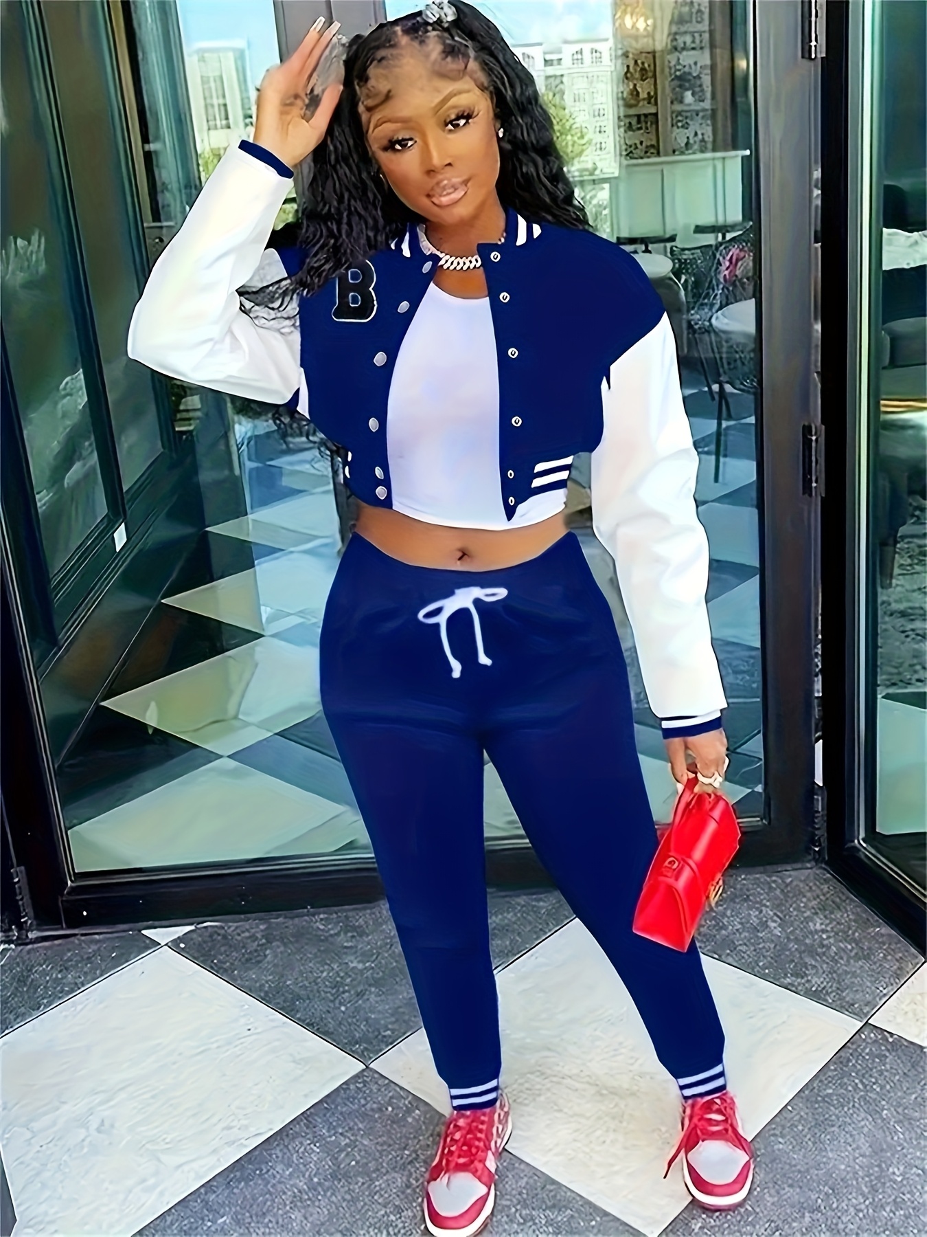 allover print women's baseball jacket outfit trendy two-piece