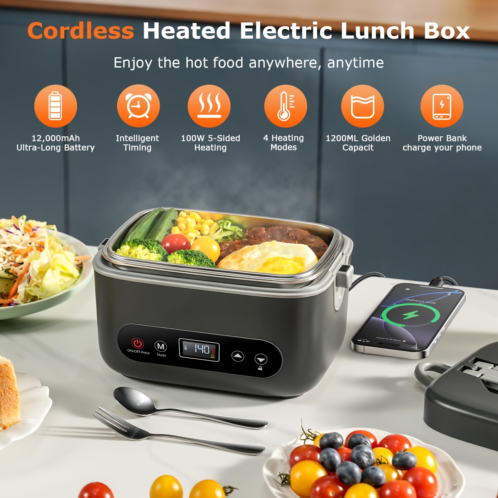 1 2l cordless lunch box 12000mah built in heater with 5 heating elements auto   stainless food warmer for office truck outdoor portable heating for   suitable for office camping rv picnic Product details 1