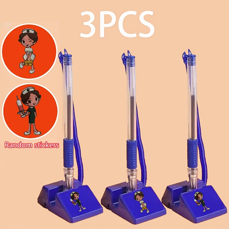 TEMU Set da 3 penne ergonomiche a gel a liquido con punta fine da 0,5 mm, con adesivi casuali a tema infermiera cartone animato, portapenne e cordino