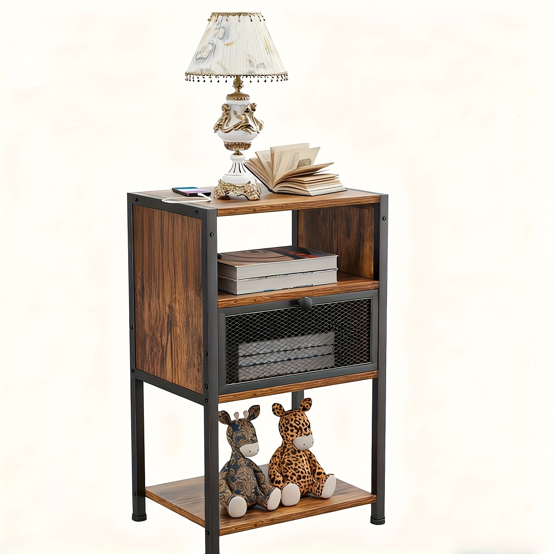 Image of Living Room Side Table With 1 Mesh Drawer, Featuring 1 Open Shelf. Wooden Side Table, Suitable For Compact Bedrooms. Living Room Brown-black End. Dimensions 40x30x65cm