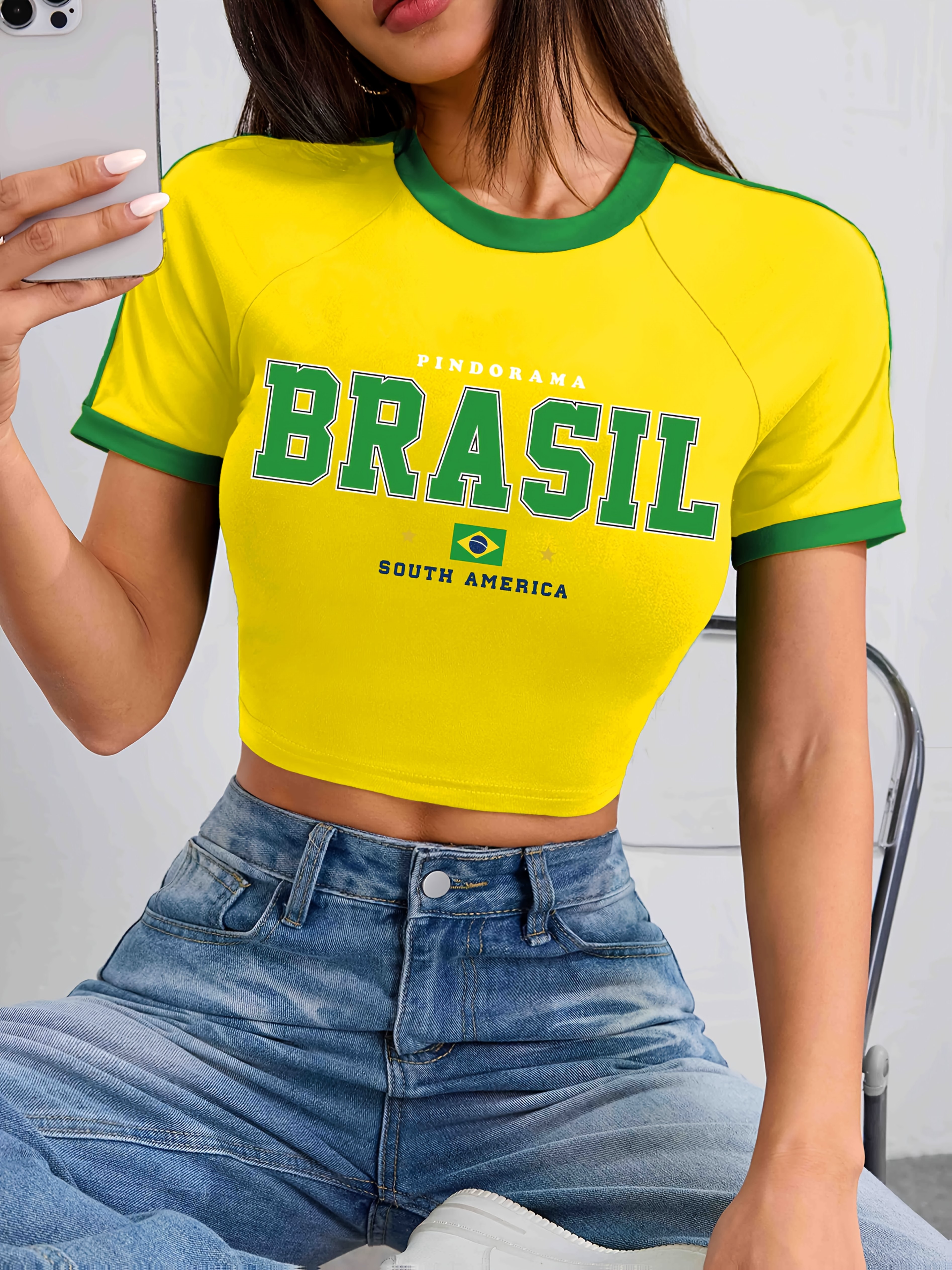 Letter Print Crew Neck T-Shirt, Y2K Short Sleeve Crop T-Shirt For Spring & Summer, Women's Clothing