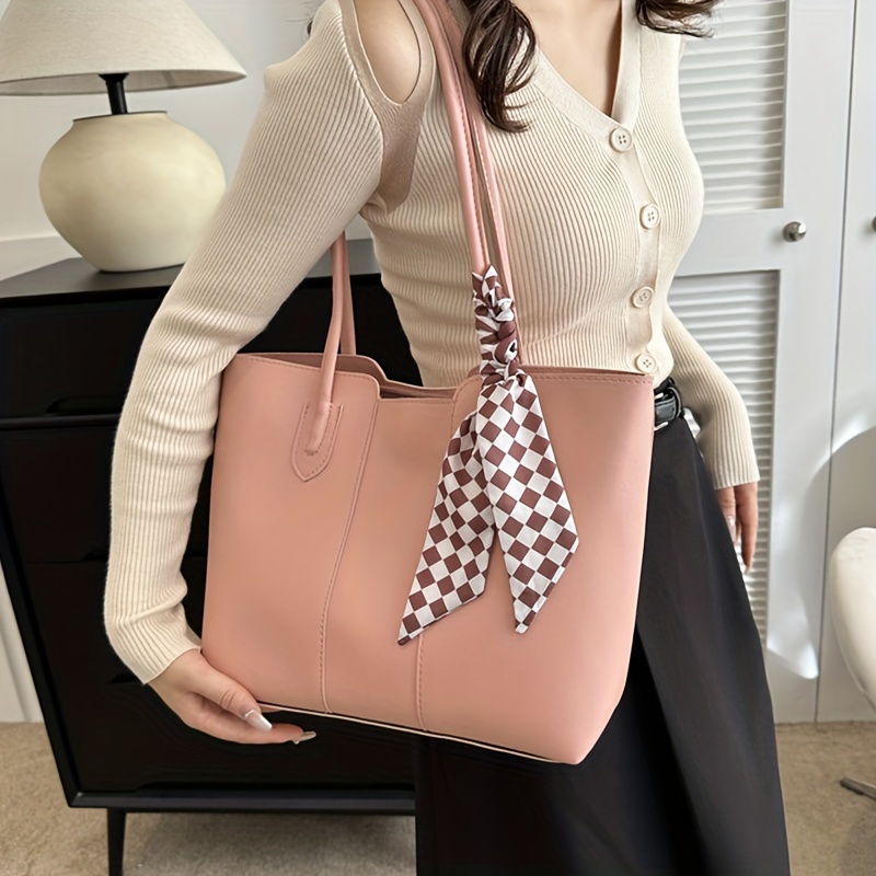 

1pc Fashion Tote Bag, Large Capacity Pu Leather Shoulder Bag, With Checkered Scarf Detail, Women's Every Day Bags