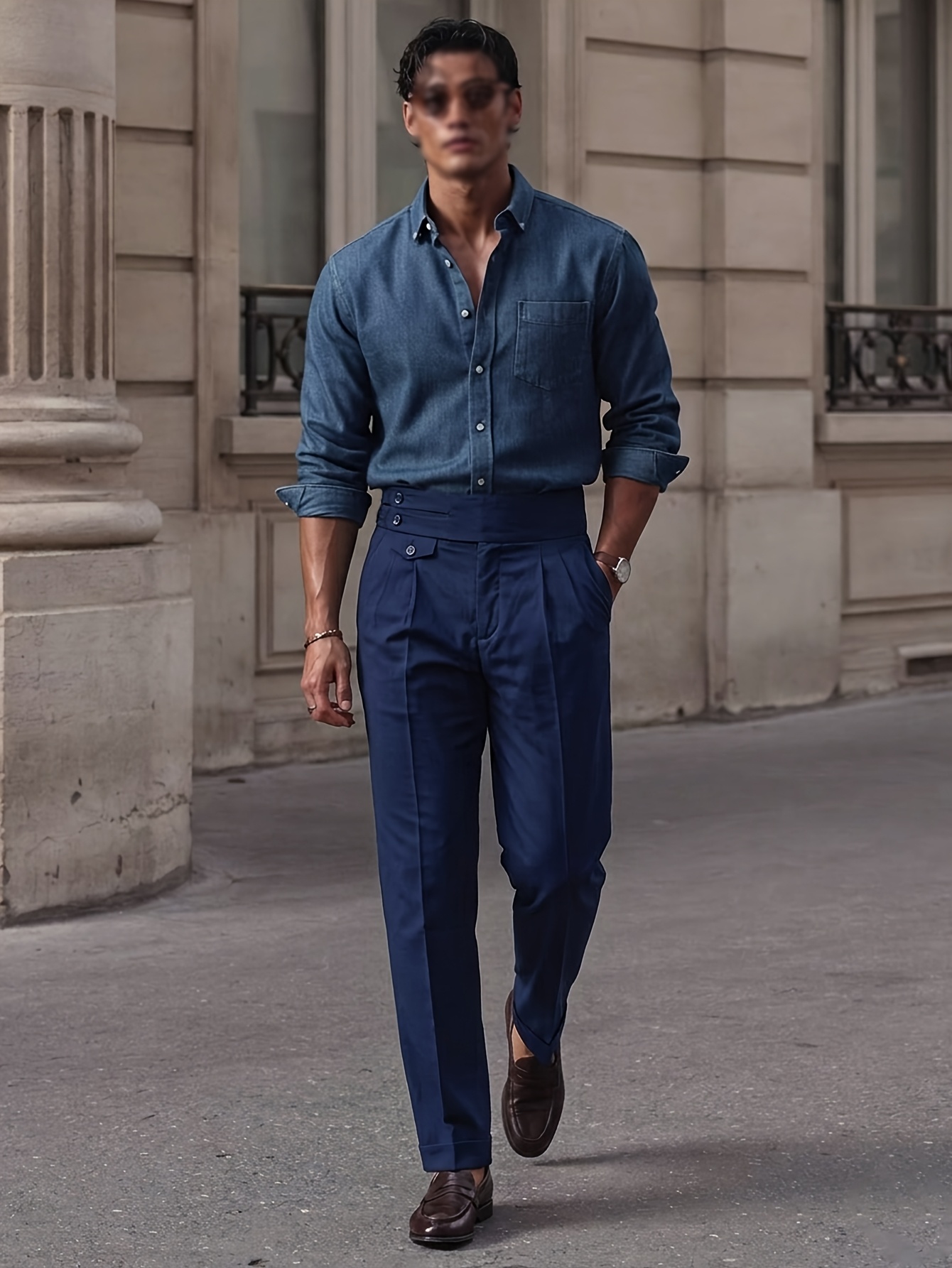 Color: Navy Naples Solid Color Trousers Men’s Style Business Casual Design Pleated Comfort Pants Suitable for Outdoor Leisure and Daily Wear