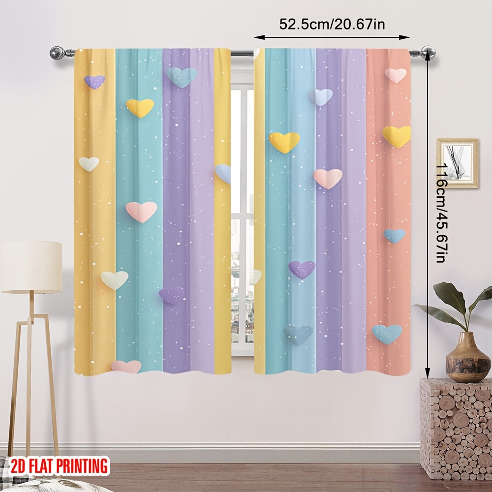 TEMU 2D Plat - Ensemble de 2 rideaux 2D Plat avec un motif de rayures pastel et de cœurs, idéal pour les décorations de Noël. Fabriqués en polyester,