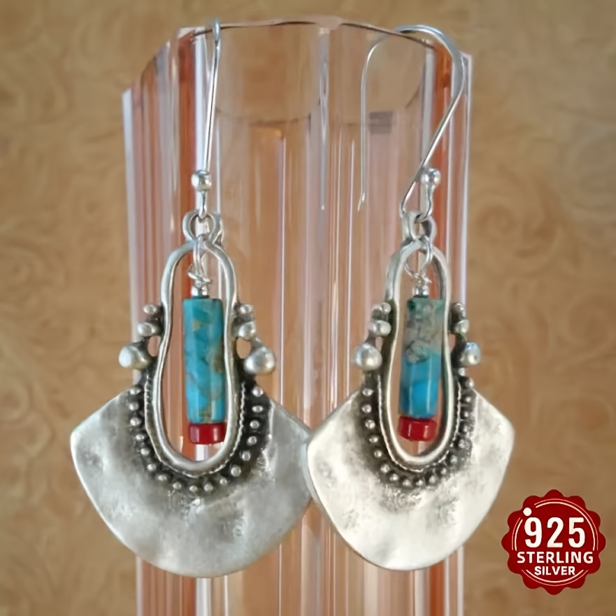 TEMU S925 Sterling Silvery Turquoise Coral Earrings With Retro Hammer Pattern Fan-shaped Earrings, Anti Allergy Bohemian Denim Style Jewelry Suitable