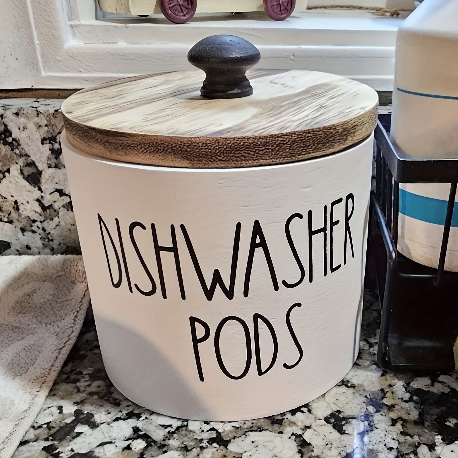 TEMU Round Dishwasher Container For Kitchen Decor And Accessories, Wooden Laundry Detergent Container With Lid, Kitchen Storage Container For Laundry Detergent