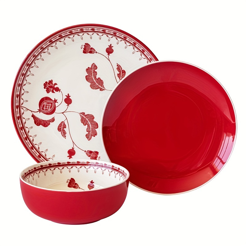 

12-piece Red Floral Stoneware Dinnerware Set - Elegant Dinner Plate, Salad Plate, And Bowl Set For 4 - Dishwasher & Microwave Safe