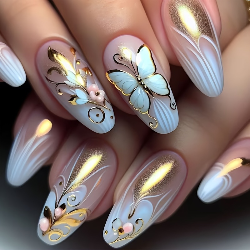 TEMU 24pcs Press-on Shaped Nails Set, Medium Length, 3d Embossed Golden Floral & Blue , , Includes Jelly Glue & Nail File, Elegant Nail Art Kit For Women