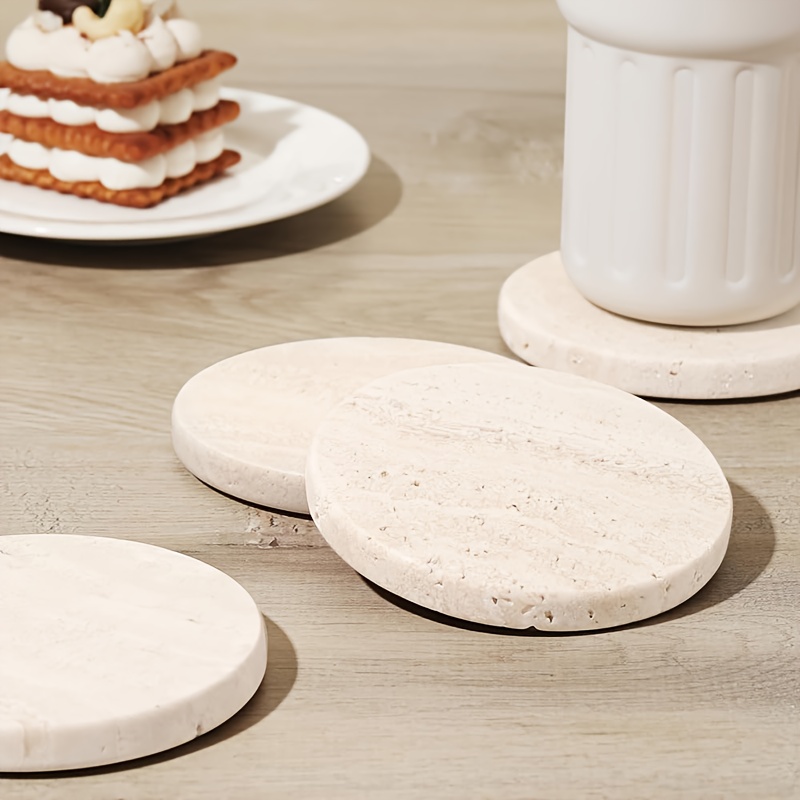 Set of 4 Natural Travertine Marble Coasters with Non-Slip Cork Backing - Round Stone Drink Coasters Suitable for Tables, Stain & Scratch Resistant, Elegant Natural Stone Table Protectors, Housewarming Wedding Gift, Durable & Aesthetic