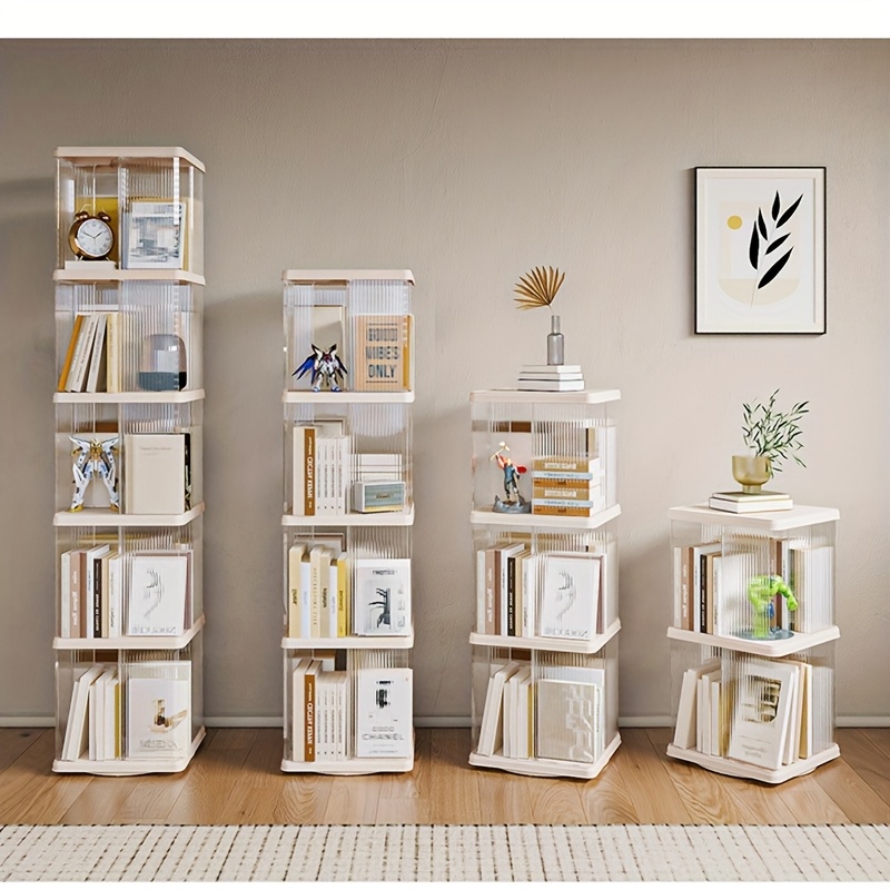 3 tier rotating bookshelf transparent white plastic storage rack for home office freestanding multi shelf organizer with wheels books decor and supplies decorative display versatile shelving book shelves details 1