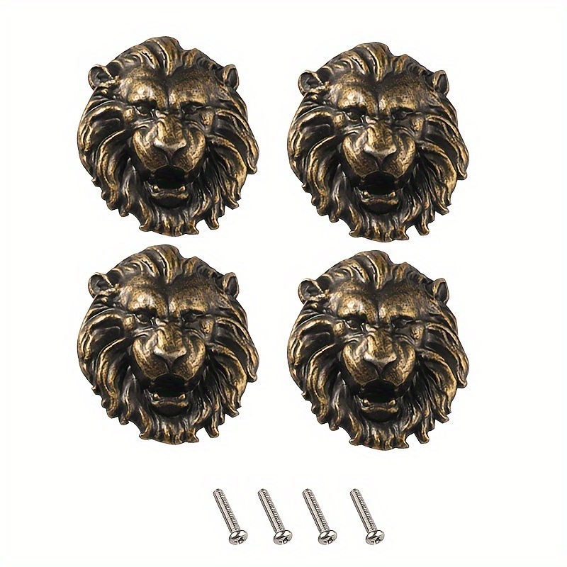 Set Of 4 Cabinet Handles, Retro Decorative Wardrobe Door Pulls, Small Lion Drawer Knobs For Home Decor