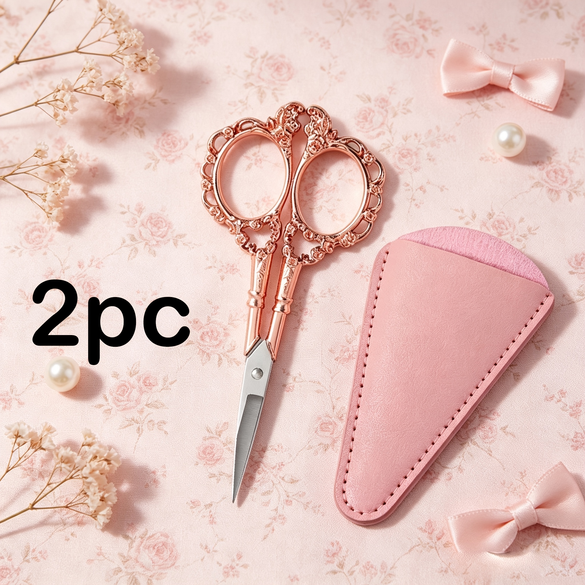 TEMU Light Pink French Patterned Scissors + Pink Cover-total Of 2pcs, Style, Sewing Scissors, Sewing Tools, Textiles, Home Use, Office Or Workplace,
