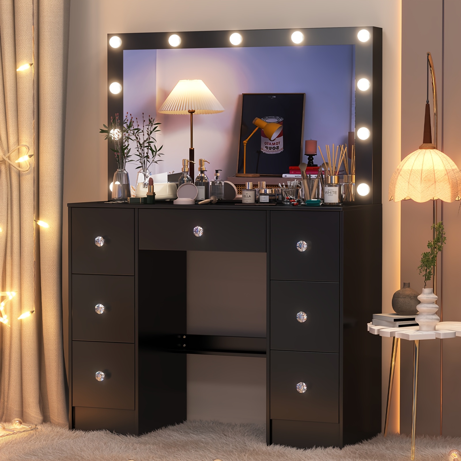 Dressing Table Stool Set with LED Mirror & Drawers