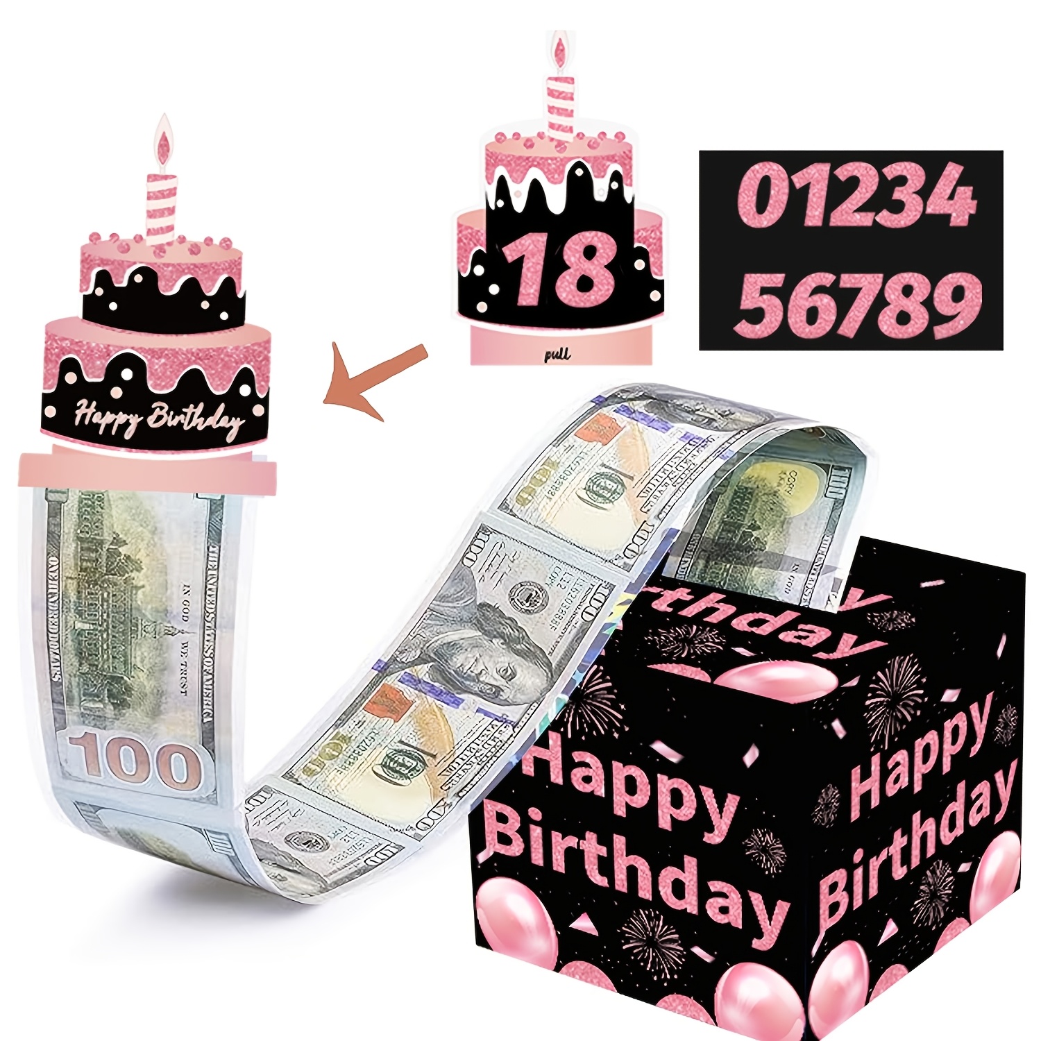 生日现金抽钱礼盒，抽拉式爆炸惊喜盒，带卡片与说明书的抽钱蛋糕套装，适用于所有年龄段的 DIY 惊喜礼盒