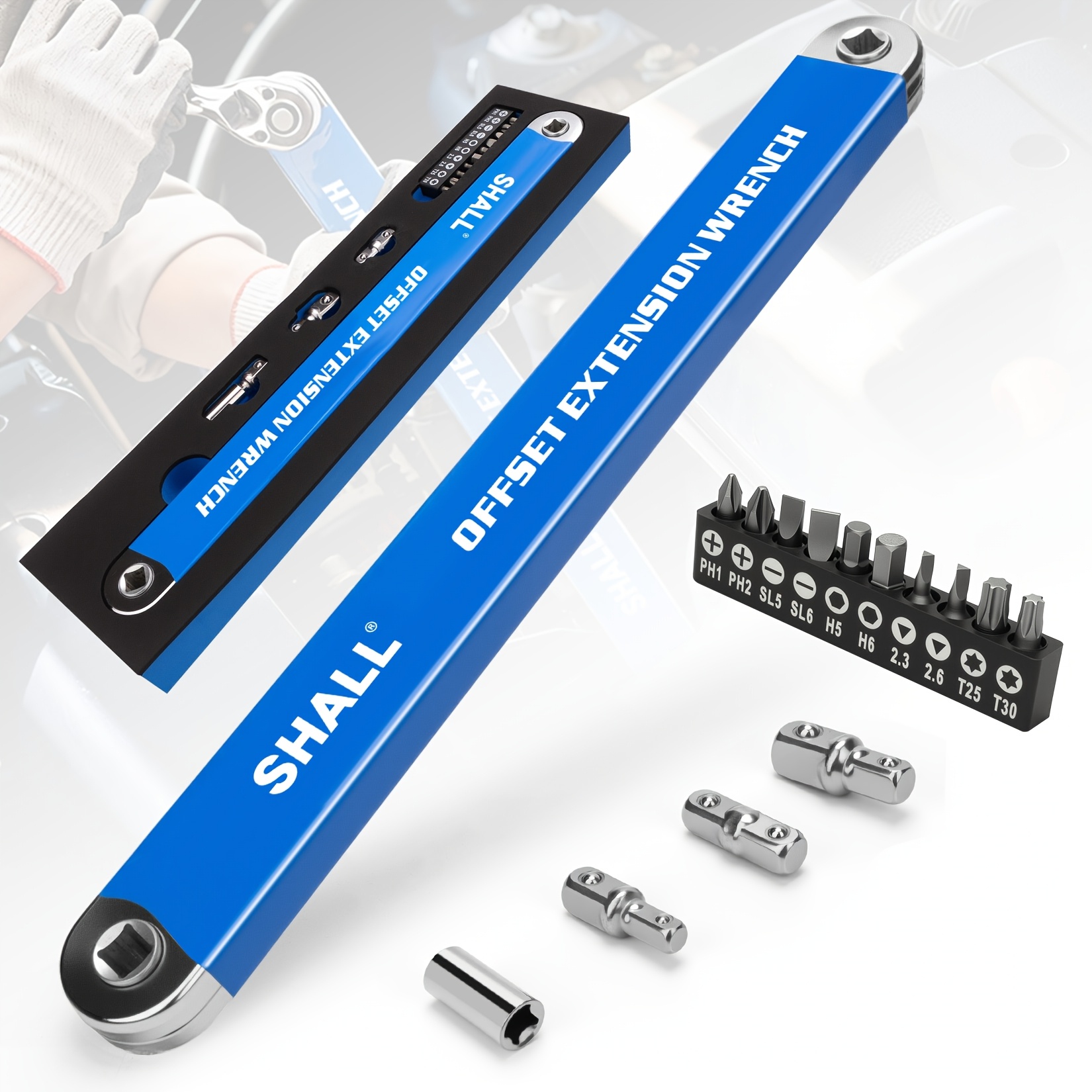 TEMU Clé à cliquet déportée SHALL, ensemble d'extensions à zéro avec adaptateurs 1/2", 1/4" et 3/8", extensions universelles idéales pour les espaces