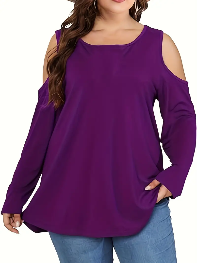 Casual Cold shoulder Solid Color Round neck Plus size Tops Casual Cold shoulder Solid Color Round neck Plus size Tops