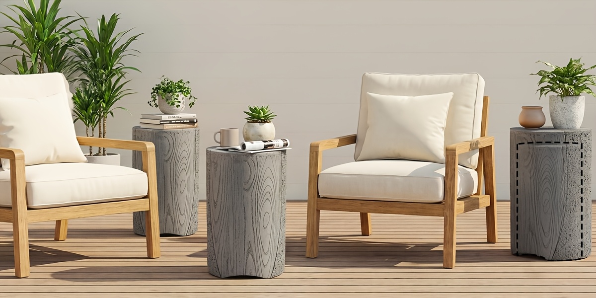 Modern Sculptural Mgo Outdoor Side Table, Grey Faux Wood And Stone Cylinder Nesting Table Set, Weather-Proof Concrete Garden Stool for Patio Living Room