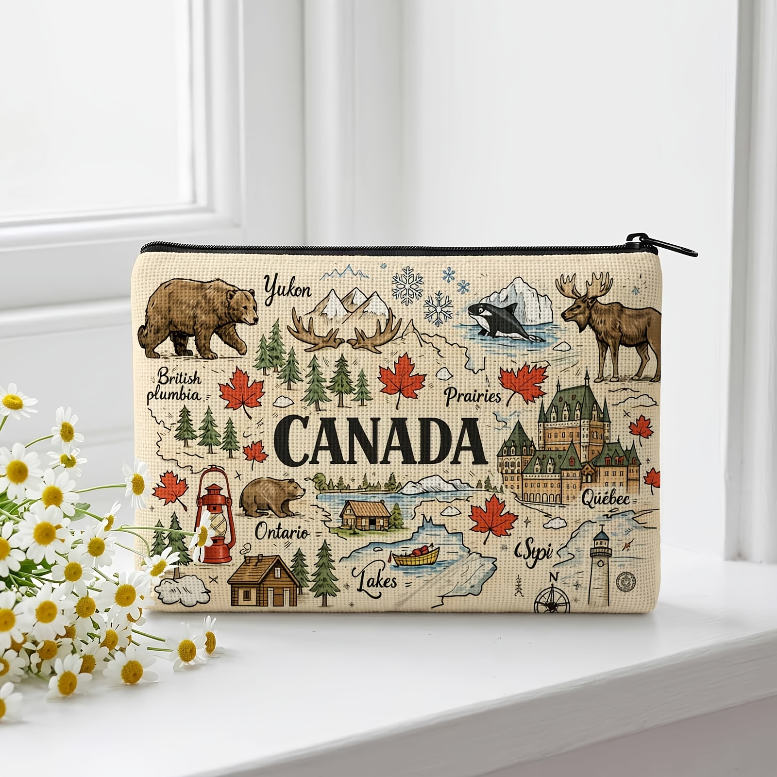 TEMU 1pc Canada-themed Cosmetic Bag Suitable For &, Durable Travel Toiletry With Canada Wildlife & Patterns, Storage Pouch For Daily, Ideal Gift For,