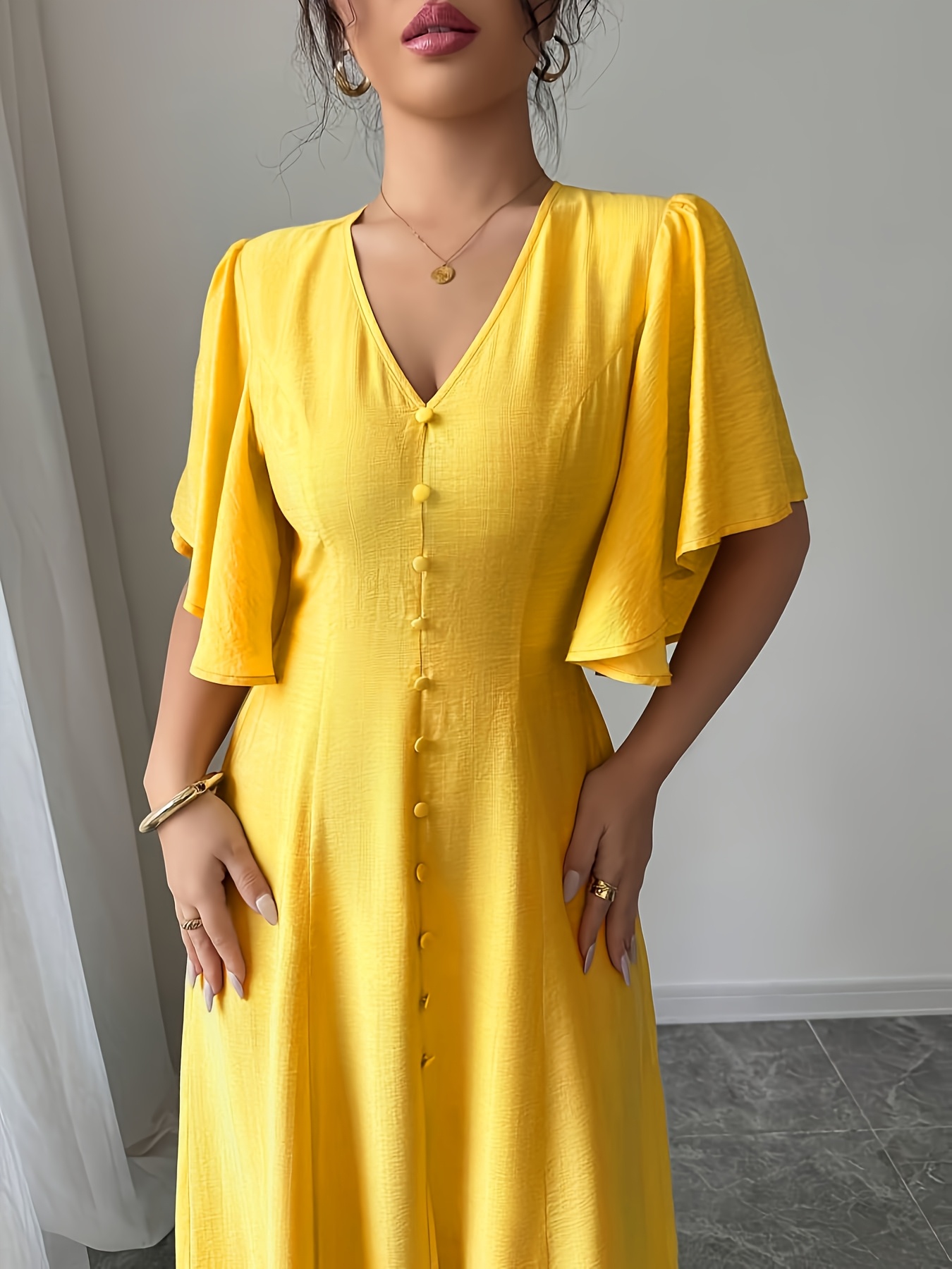 white christmas dresses Women's to Be Fair Daffodil Yellow Blouson Sleeve Zip Up Midi Dress | Size: L main image 1