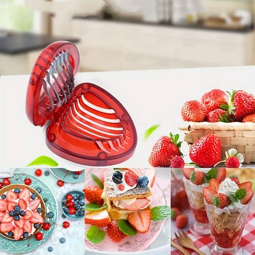 stainless steel manual strawberry slicer ergonomic fruit slicer with bent for berries cherries no electricity needed easy clean kitchen tool for smoothies desserts breakfast prep visually appealing kitchenware material