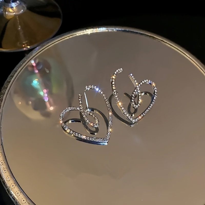 Image of 1 Pair Exquisite Romantic Hollow Out Heart Women's Fashion Earrings - Inlaid Synthetic Zirconia Design - Versatile Additions For - Valentine's Day Gift
