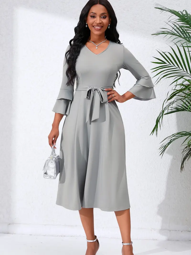 Elegant V-Neck Midi Dress with Belt for Women - Polyester and Spandex Blend Knit Fabric, 3/4 Sleeve Solid Color A-Line Dress for Spring/Summer/Fall Elegant V-Neck Midi Dress with Belt for Women - Polyester and Spandex Blend Knit Fabric, 3/4 Sleeve Solid Color A-Line Dress for Spring/Summer/Fall