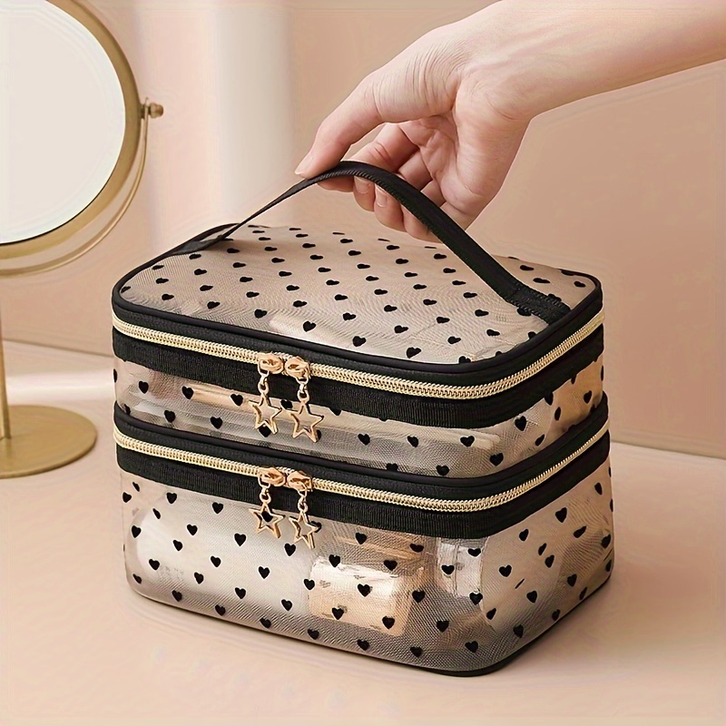 

Nylon Mesh Double-layer Cosmetic Bag Transparent Travel Toiletry Bag Female Portable Large Capacity Storage Bag With Black Heart Pattern
