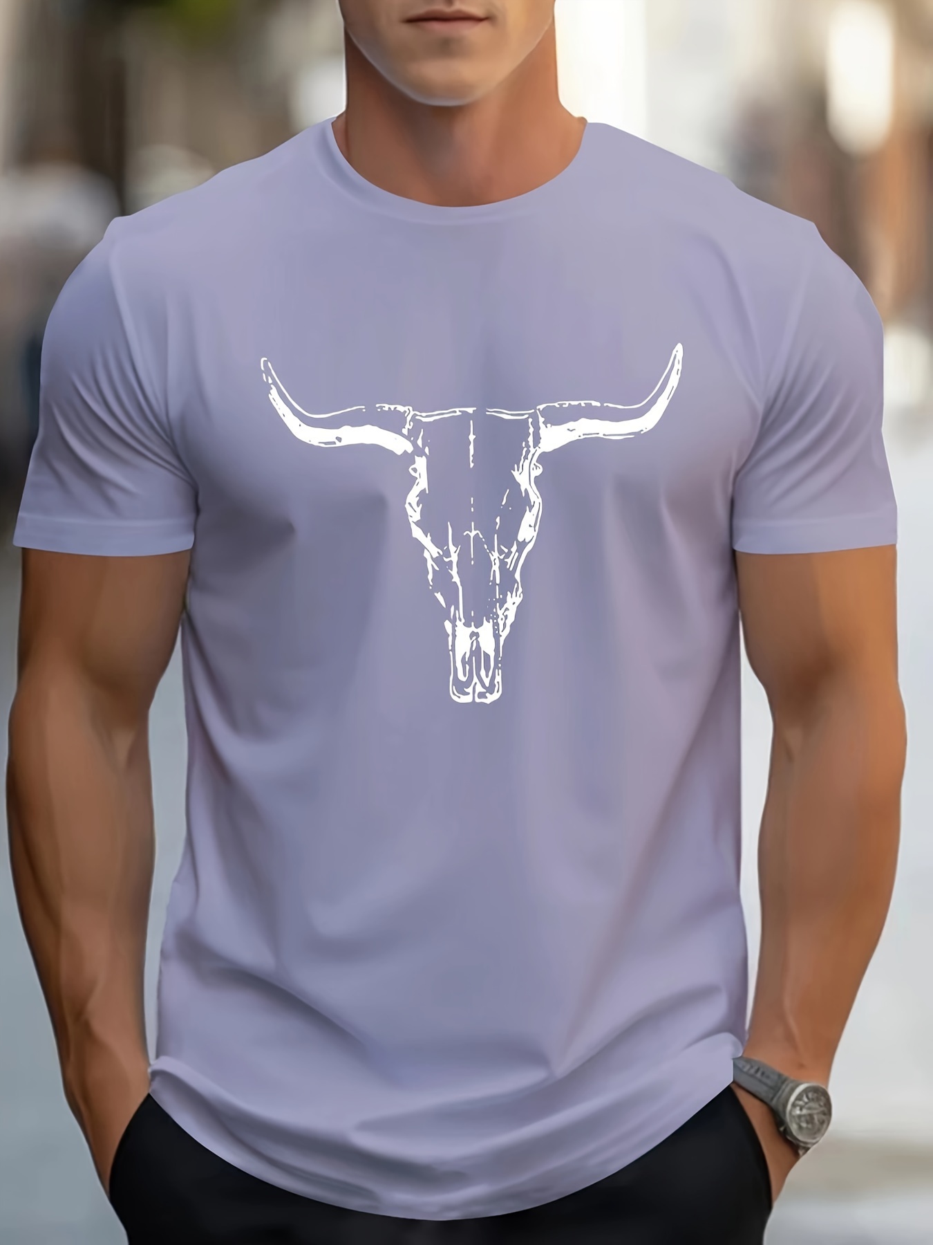 bull skull print t shirt tees for men casual short sleeve t shirt for   purple 0