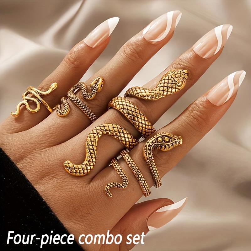 

[four-piece Combo Set] New Personalized Exaggerated Creative Cool Women's Snake Ring Punk Style Snake Animal Ethnic Style Vintage Gothic Exaggerated Ring Set Of 4