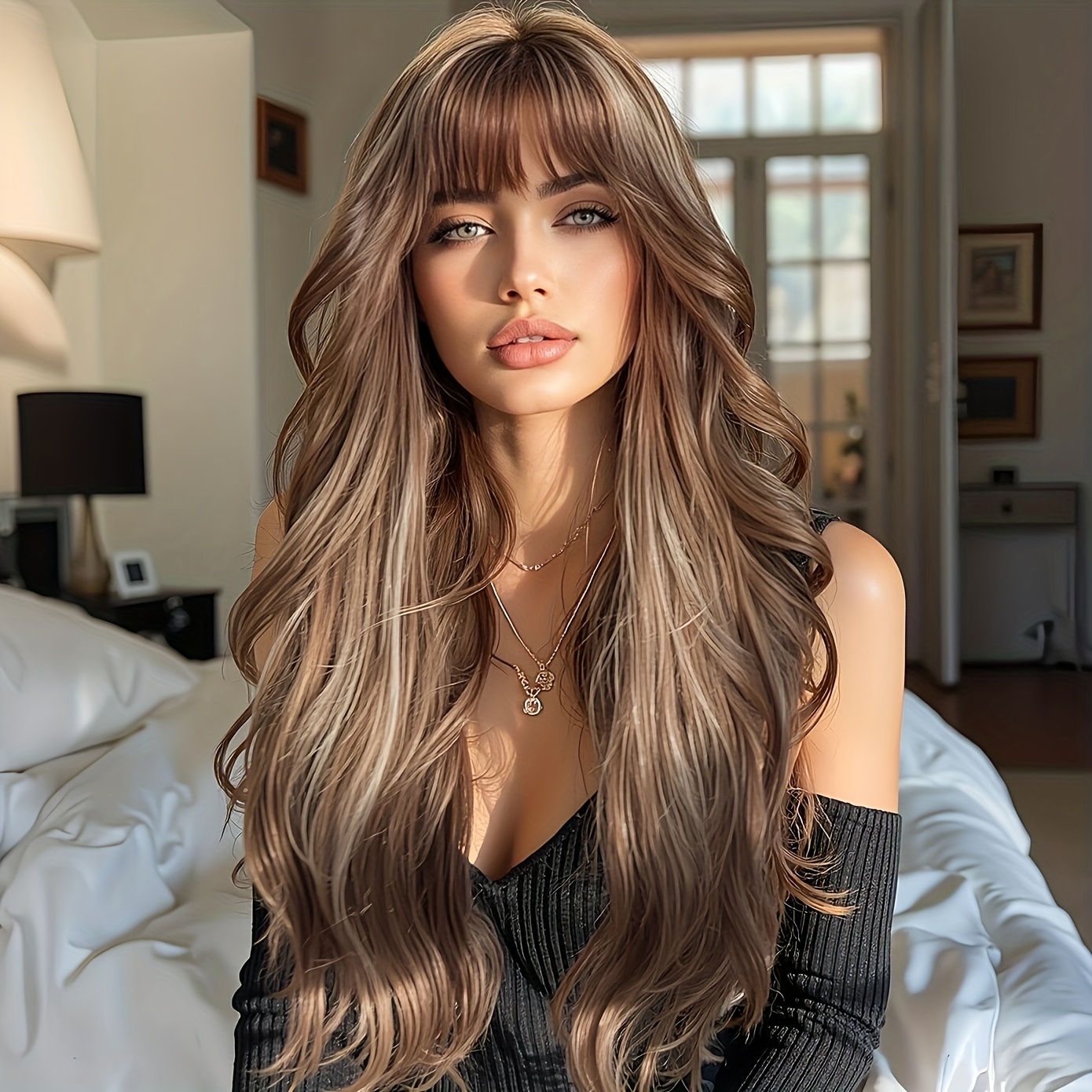 

28 Inch Butterfly Haircut Long Curly Hair Wigs With Bangs For Women Synthetic Fiber Wigs For Daily Party Use