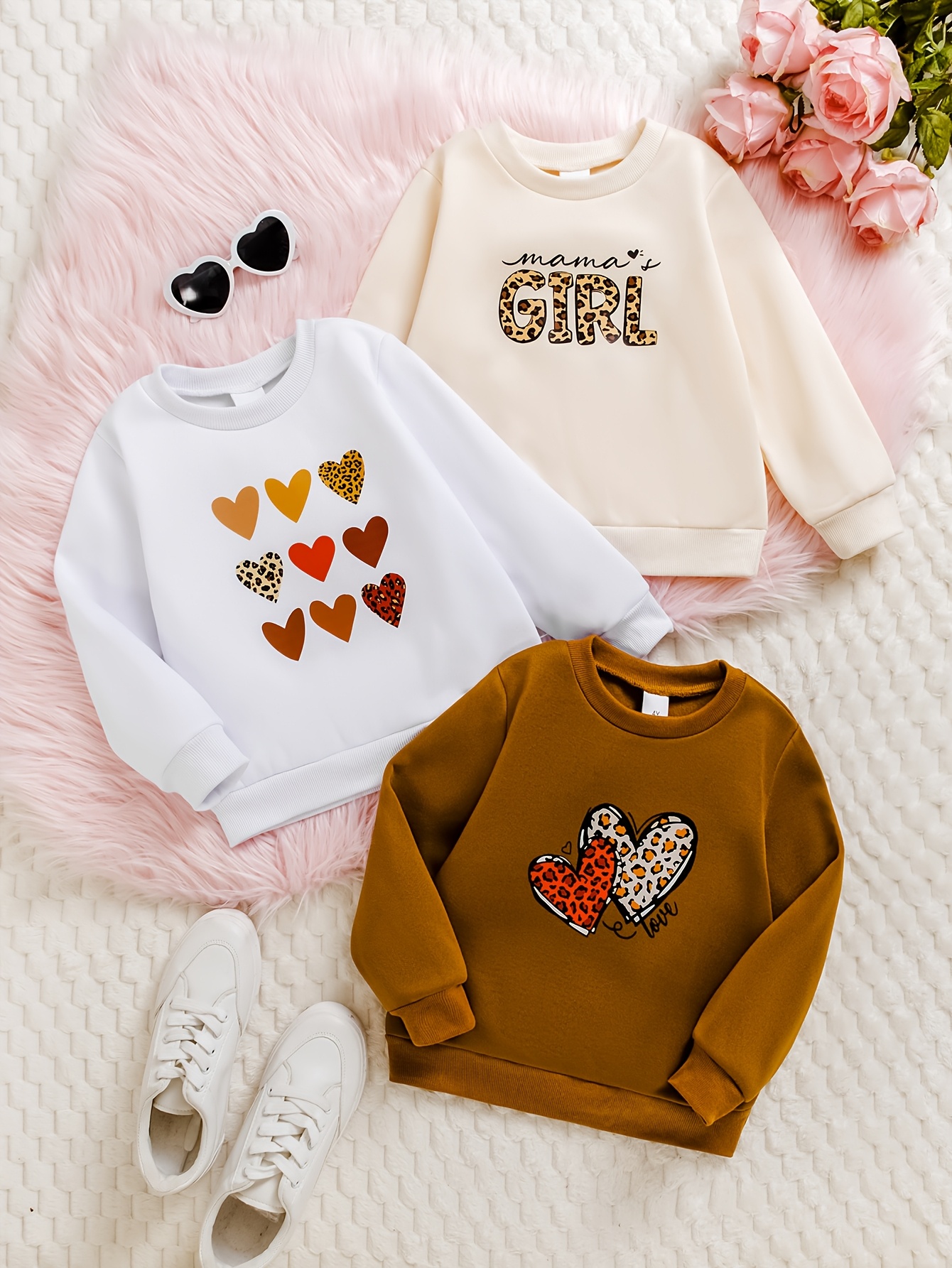 3 stuks 2J-7J Meisjes Casual Ronde Hals Lange Mouw Geborstelde Rib Sweatshirt met Hartjesprint