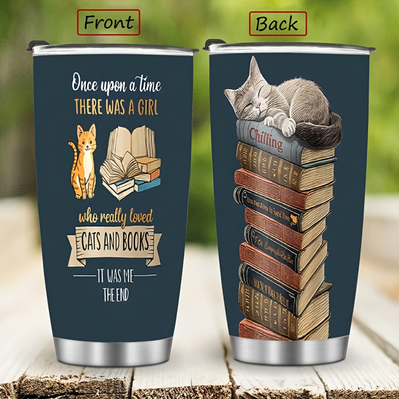 

20oz Cats And Books Stainless Steel , Insulated Travel Mug, 304 Stainless Liner, With Straw Lid, For Beverages, Reader Themed