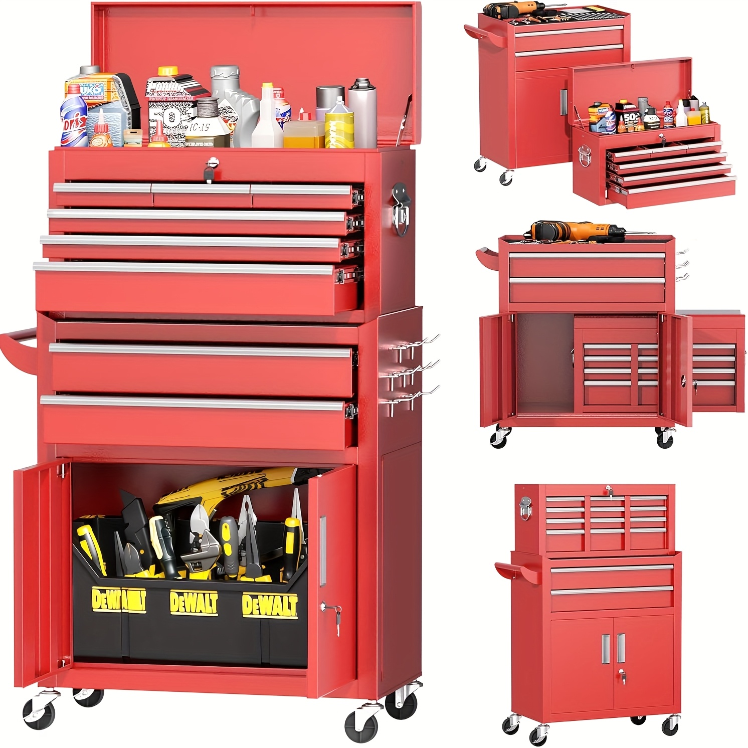tool chest 8 drawer rolling tool chest with hooks and lockable wheels metal storage detachable   box with lockable wheels for garage workshop   red