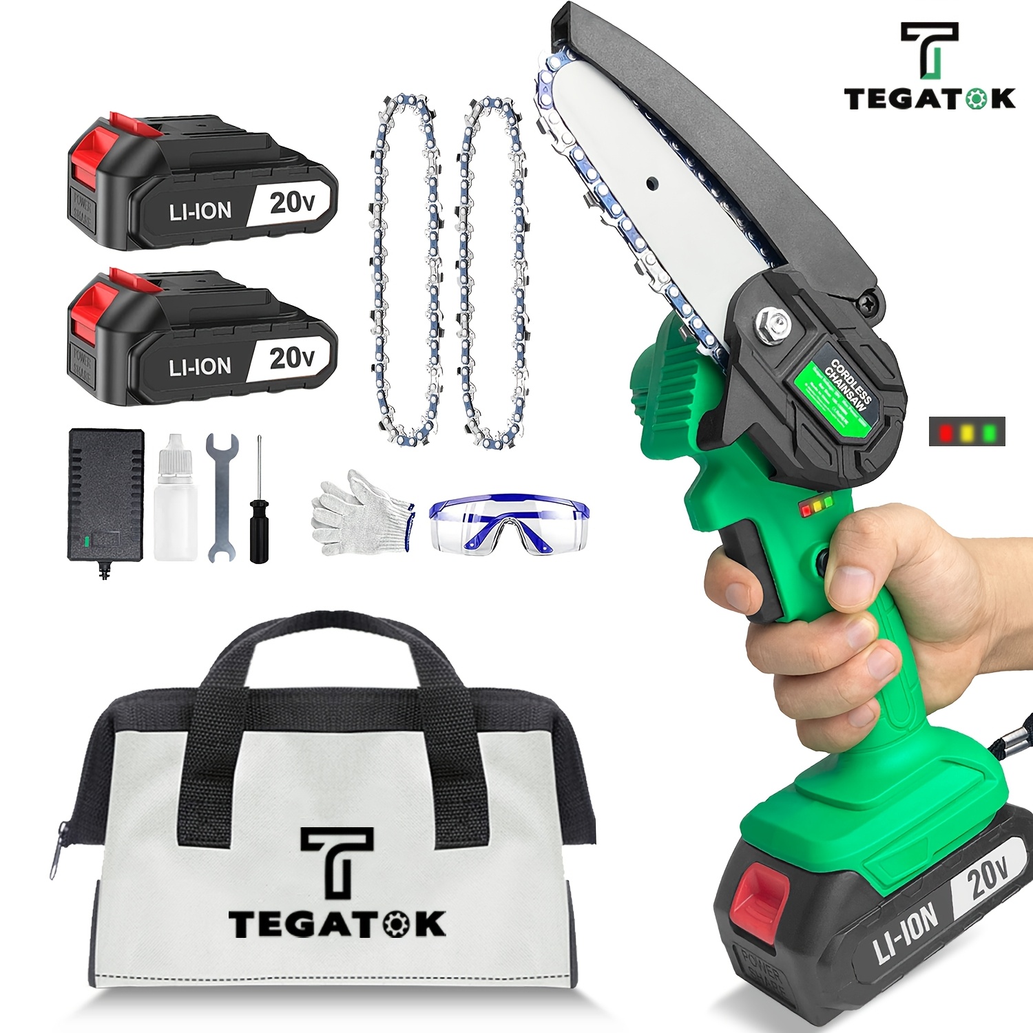 

1pc Tegatok Cordless Mini Chainsaw, 4-inch Handheld Electric Chain Saw, 2.0ah Lithium Battery, Metal, 110-240v Us Plug, Rechargeable Battery Powered For Tree Trimming, Yard, And Garden Work