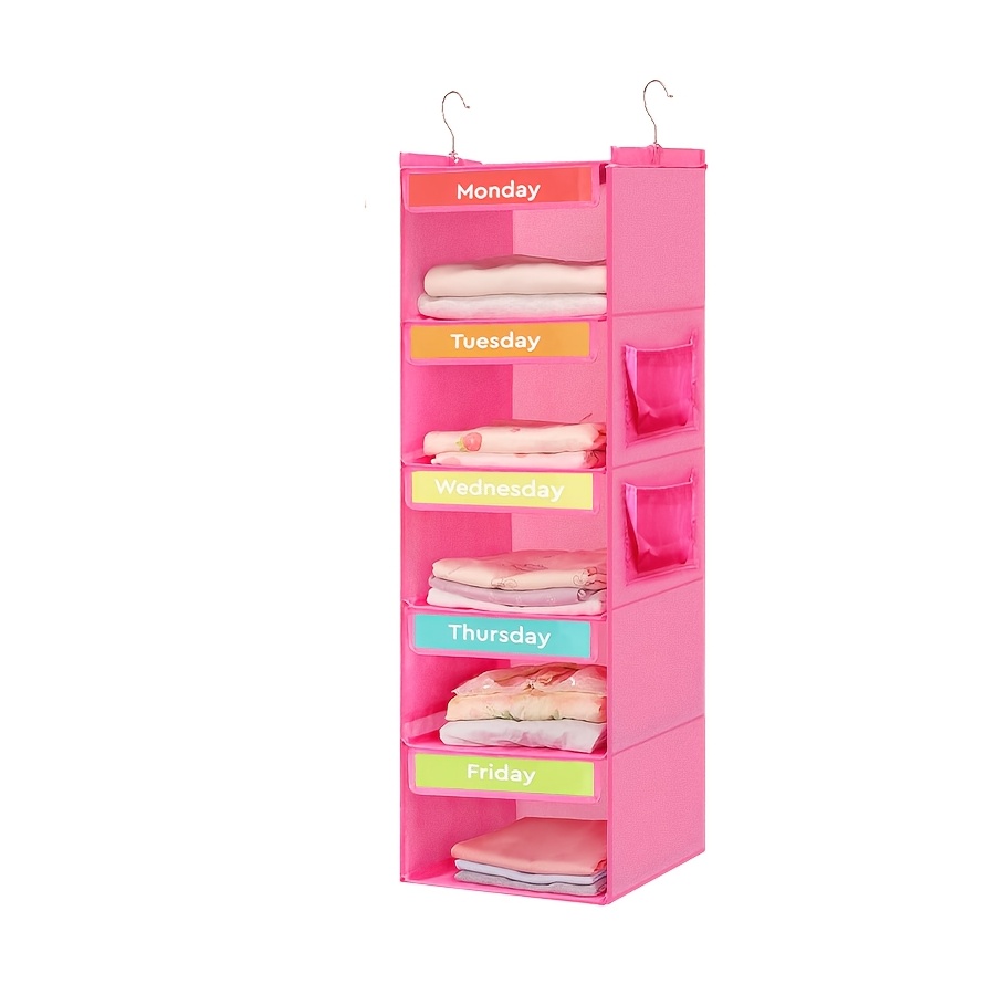 TEMU 1pc New Five-layer Pink Hanging Storage Bag With Day-of-the-week Labels, Foldable Bamboo Slat Hanging Organizer For Wardrobe Storage, Closet