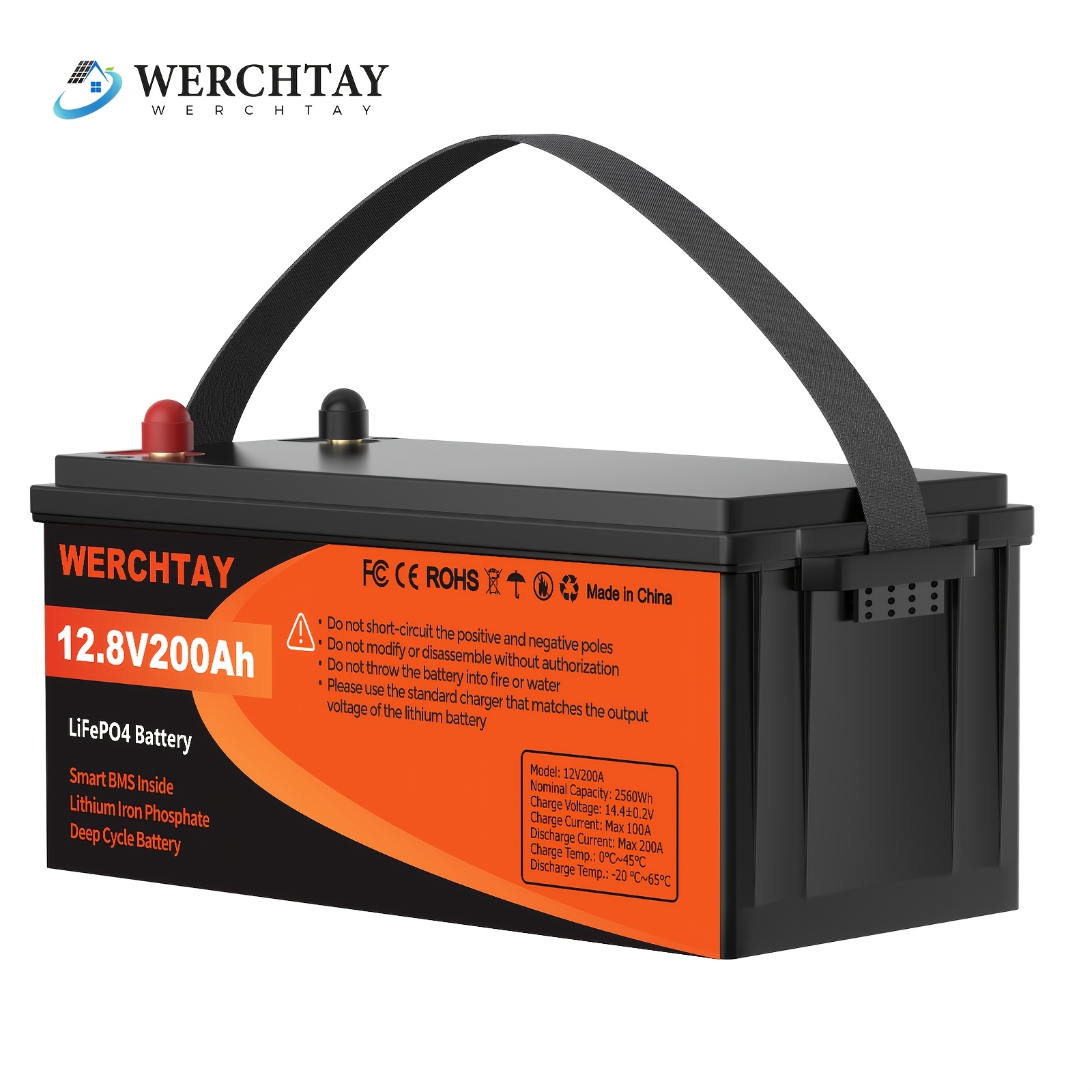 TEMU Batterie Lifepo4 200Ah 12.8V avec Protection Faible Température, Batterie au Lithium avec BMS Intelligent Intégré, 25000+ 2560Wh, Batterie au