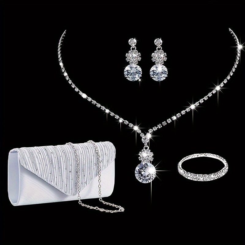 

Elegant Rhinestone Evening Bag, Glitter Dinner Clutch Purse, 4pcs/set Shiny Earrings Necklace & Bracelet For Carnaval Music Festival