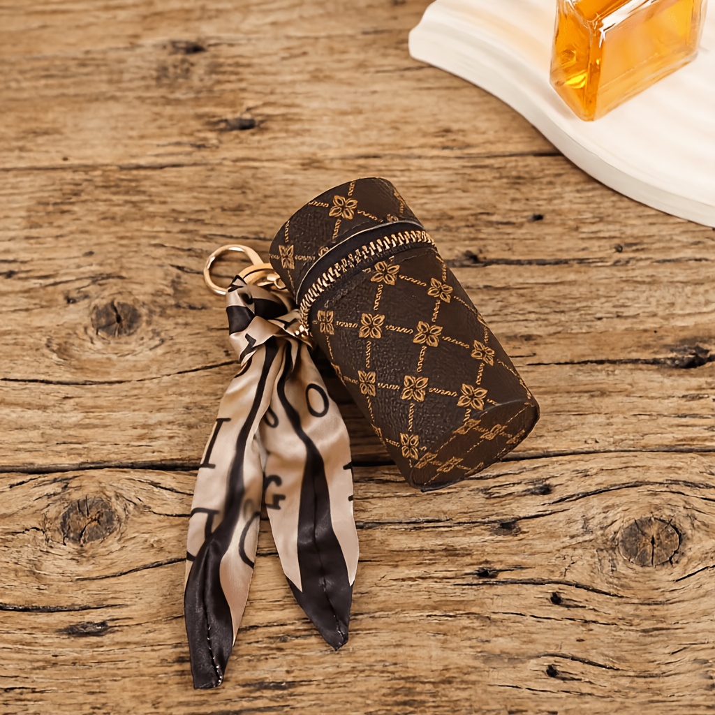 TEMU Fashion Mini Floral Print Coin Purse Key Chain Pendant, Portable Storage Earphones Lipstick Scarf Decor Cylinder Bag